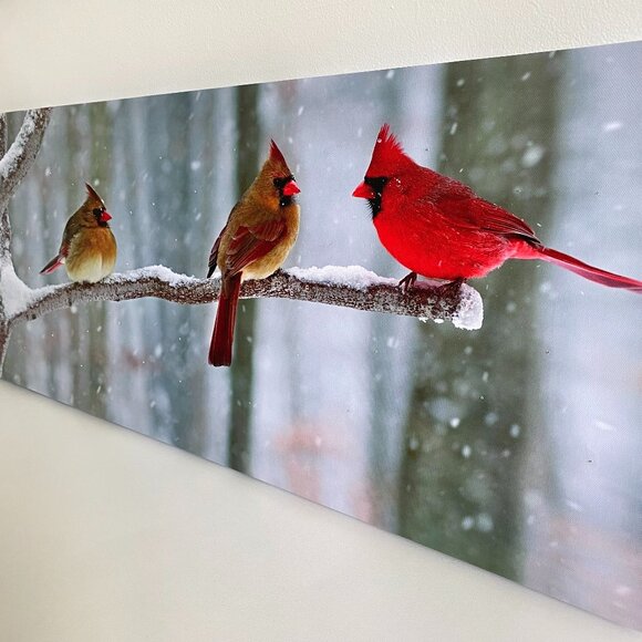 LED Lighted Cardinals Snowy Branch Canvas Wall Picture - Picture 5 of 13